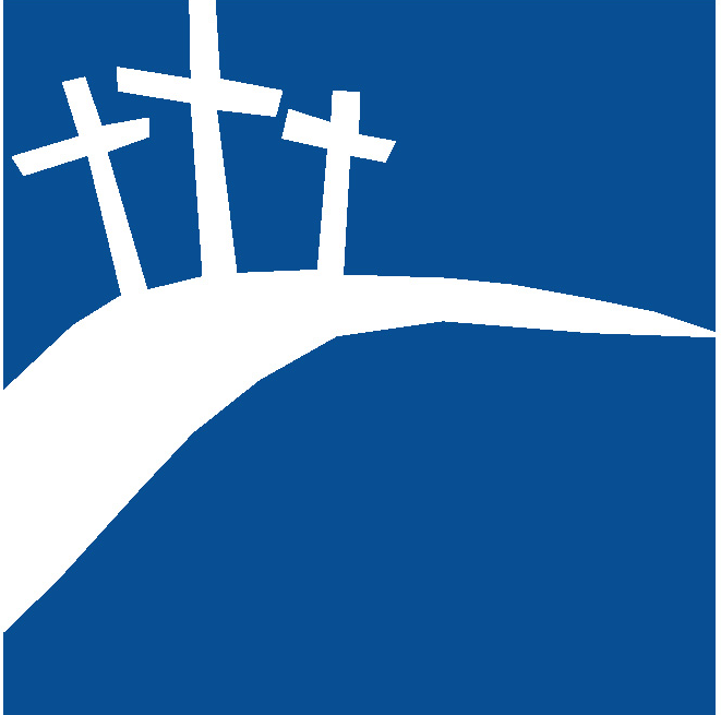 blue graphic of road and 3 crosses on hill